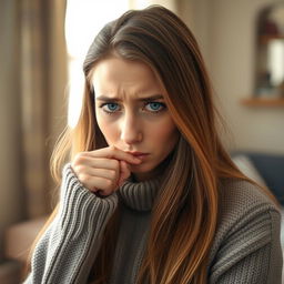 A young woman with long, flowing brown hair and vibrant blue eyes is depicted in a moment of vulnerability as she coughs gently into her fist