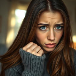 A young woman with long, flowing brown hair and vibrant blue eyes is depicted in a moment of vulnerability as she coughs gently into her fist