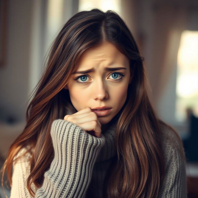 A young woman with long, flowing brown hair and vibrant blue eyes is depicted in a moment of vulnerability as she coughs gently into her fist