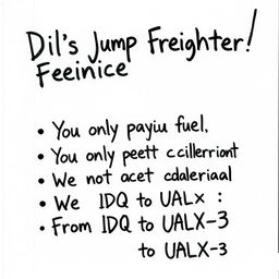 'Dil's Jump Freighter Service!\n\nYou only pay for fuel\n\nWe do not accept collateral\n\nFrom 1DQ to UALX-3' written in a playful, whimsical handwritten style, looking slightly messy with variations in ink shade to give it a casual, low-tech feel