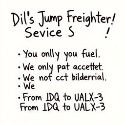 'Dil's Jump Freighter Service!\n\nYou only pay for fuel\n\nWe do not accept collateral\n\nFrom 1DQ to UALX-3' written in a playful, whimsical handwritten style, looking slightly messy with variations in ink shade to give it a casual, low-tech feel