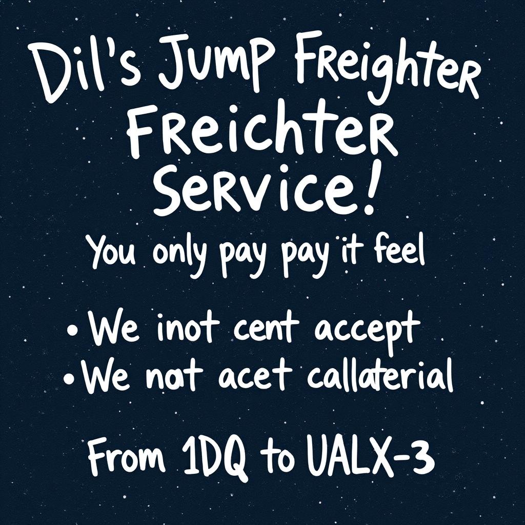 'Dil's Jump Freighter Service!\n\nYou only pay for fuel\n\nWe do not accept collateral\n\nFrom 1DQ to UALX-3' written in a playful, whimsical handwritten style, looking slightly messy with variations in ink shade to give it a casual, low-tech feel