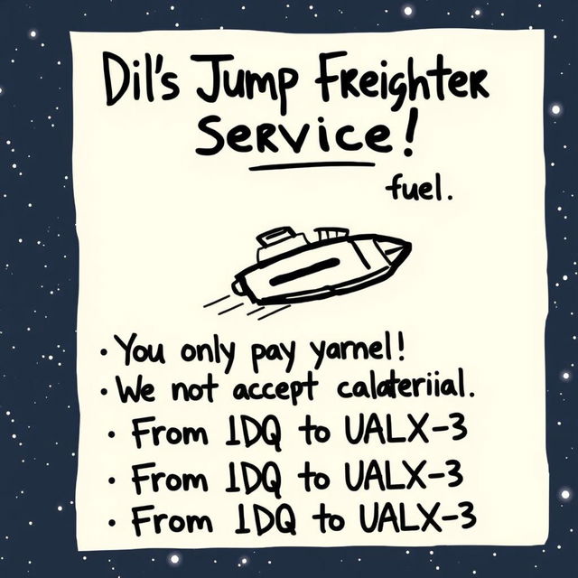 'Dil's Jump Freighter Service!\n\nYou only pay for fuel\n\nWe do not accept collateral\n\nFrom 1DQ to UALX-3' written in a playful, whimsical handwritten style, looking slightly messy with variations in ink shade to give it a casual, low-tech feel