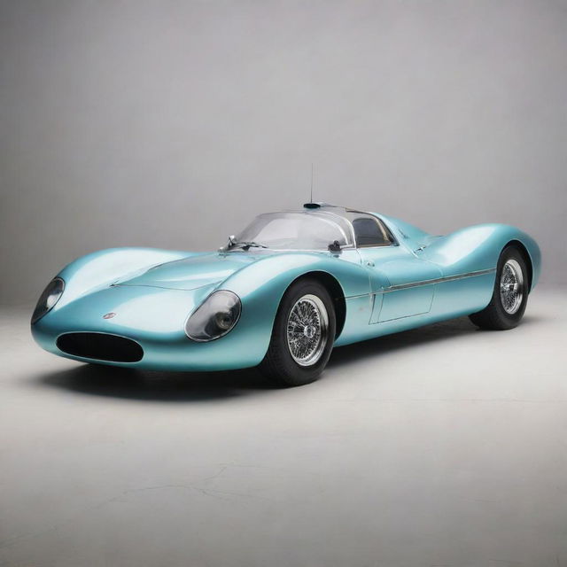 An Atompunk Le Mans car, encapsulating the optimism of the atomic era. Displaying a streamlined, retro-futuristic aesthetic with polished chrome finishes, the car features a jet-age inspired design, atomic motifs, and a pastel color scheme