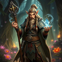 A powerful female dwarf spellcaster standing in a mystical forest, clad in ornate robes adorned with runes and symbols