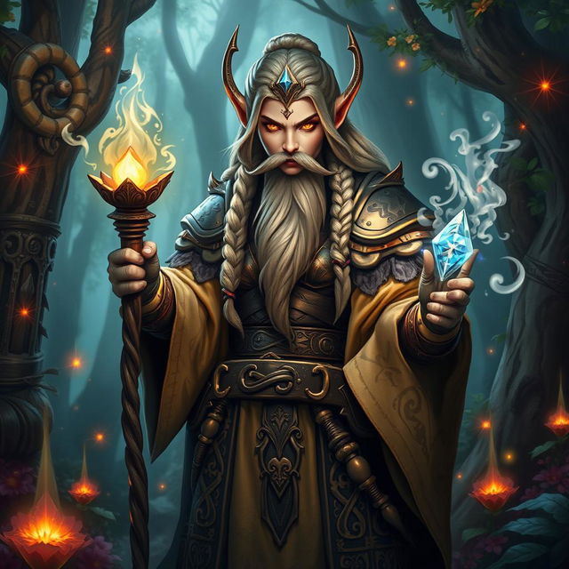 A powerful female dwarf spellcaster standing in a mystical forest, clad in ornate robes adorned with runes and symbols