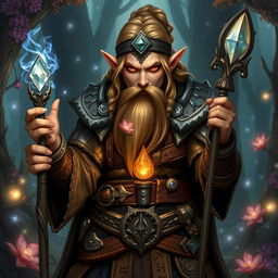 A powerful female dwarf spellcaster standing in a mystical forest, clad in ornate robes adorned with runes and symbols