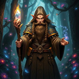A powerful female dwarf spellcaster standing in a mystical forest, clad in ornate robes adorned with runes and symbols