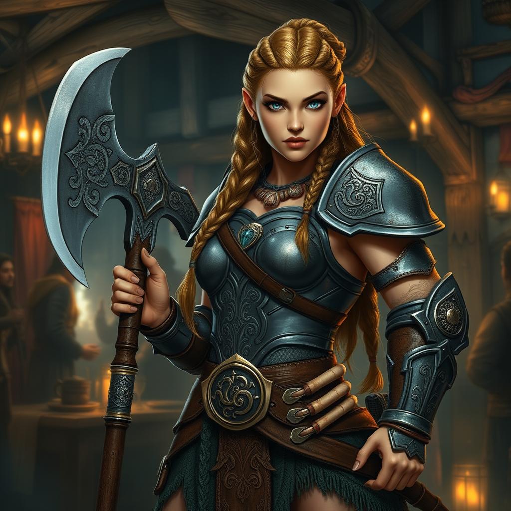 A female dwarf warrior from a Dungeons & Dragons setting, standing proudly in a dimly lit tavern