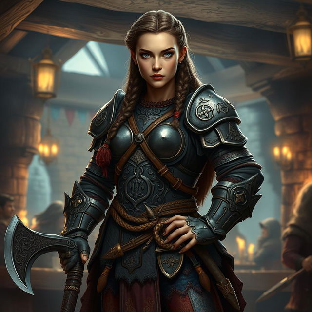 A female dwarf warrior from a Dungeons & Dragons setting, standing proudly in a dimly lit tavern