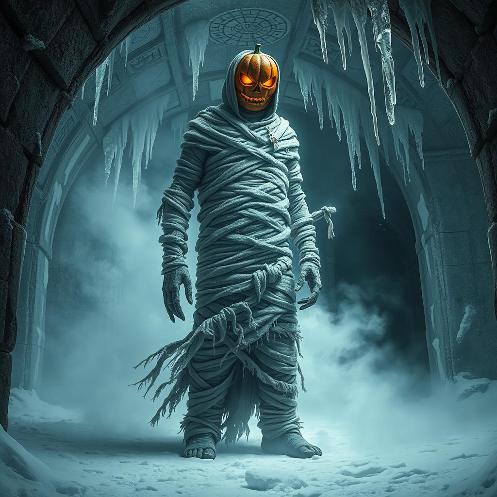 A towering mummy wrapped in frayed bandages, standing ominously in a snowy crypt