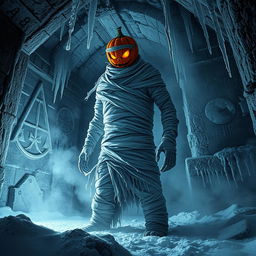A towering mummy wrapped in frayed bandages, standing ominously in a snowy crypt