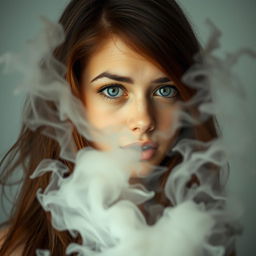 A striking image of a pretty young woman with long, flowing brown hair and bright blue eyes, surrounded by swirling smoke