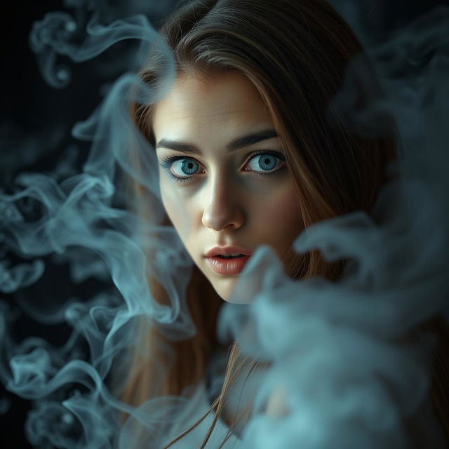 A striking image of a pretty young woman with long, flowing brown hair and bright blue eyes, surrounded by swirling smoke