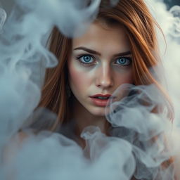 A striking image of a pretty young woman with long, flowing brown hair and bright blue eyes, surrounded by swirling smoke