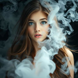 A striking image of a pretty young woman with long, flowing brown hair and bright blue eyes, surrounded by swirling smoke