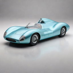 An Atompunk Le Mans car, encapsulating the optimism of the atomic era. Displaying a streamlined, retro-futuristic aesthetic with polished chrome finishes, the car features a jet-age inspired design, atomic motifs, and a pastel color scheme