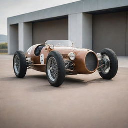 An Airpunk Le Mans car, infused with the charm of early aviation. The car displays a light, airy aesthetic with parts resembling biplane wings and propellers, soft leather and wood finishes, and an emphasis on aerodynamics