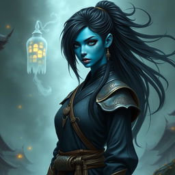 A fantasy style portrait of a tall female monk warrior, characterized by her striking blue skin, long flowing black hair, and a sharp, edgy face