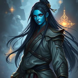 A fantasy style portrait of a tall female monk warrior, characterized by her striking blue skin, long flowing black hair, and a sharp, edgy face
