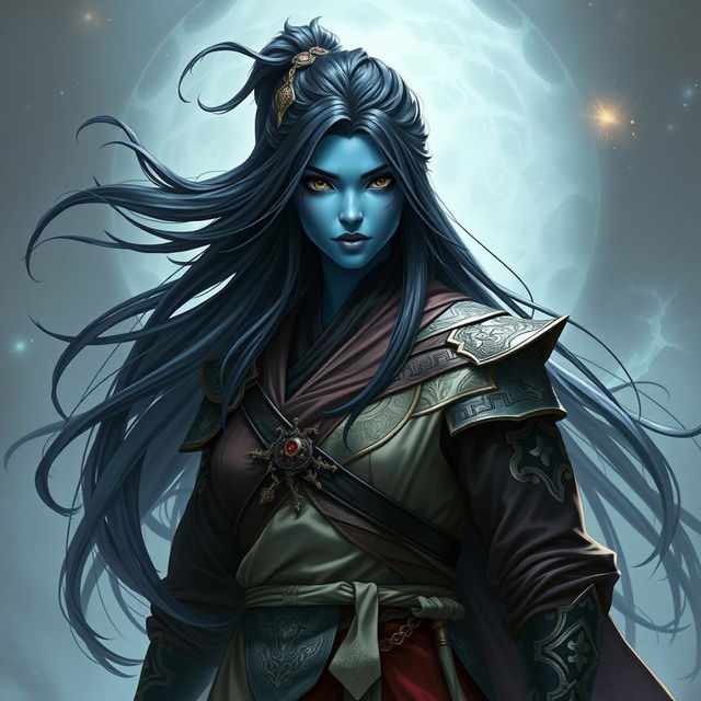 A fantasy style portrait of a tall female monk warrior, characterized by her striking blue skin, long flowing black hair, and a sharp, edgy face