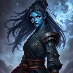 A fantasy style portrait of a tall female monk warrior, characterized by her striking blue skin, long flowing black hair, and a sharp, edgy face