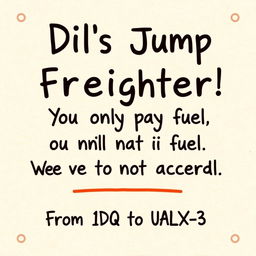 A poster designed to look handwritten with a charming, rustic style, featuring the following text in a playful, artistic font: "Dil's Jump Freighter Service! You only pay for fuel