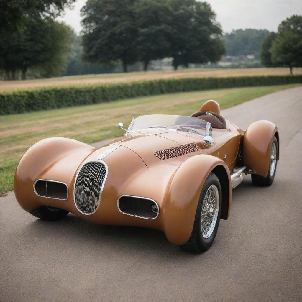 An Airpunk Le Mans car, infused with the charm of early aviation. The car displays a light, airy aesthetic with parts resembling biplane wings and propellers, soft leather and wood finishes, and an emphasis on aerodynamics