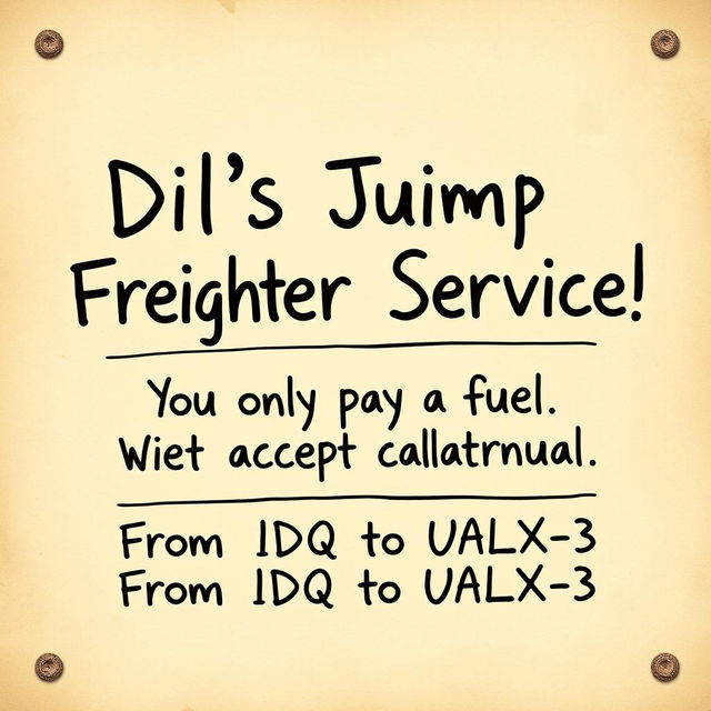 A poster designed to look handwritten with a charming, rustic style, featuring the following text in a playful, artistic font: "Dil's Jump Freighter Service! You only pay for fuel