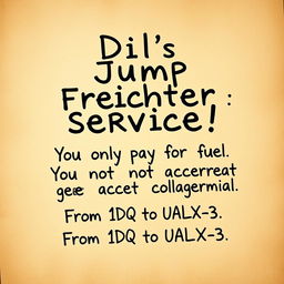 A poster designed to look handwritten with a charming, rustic style, featuring the following text in a playful, artistic font: "Dil's Jump Freighter Service! You only pay for fuel