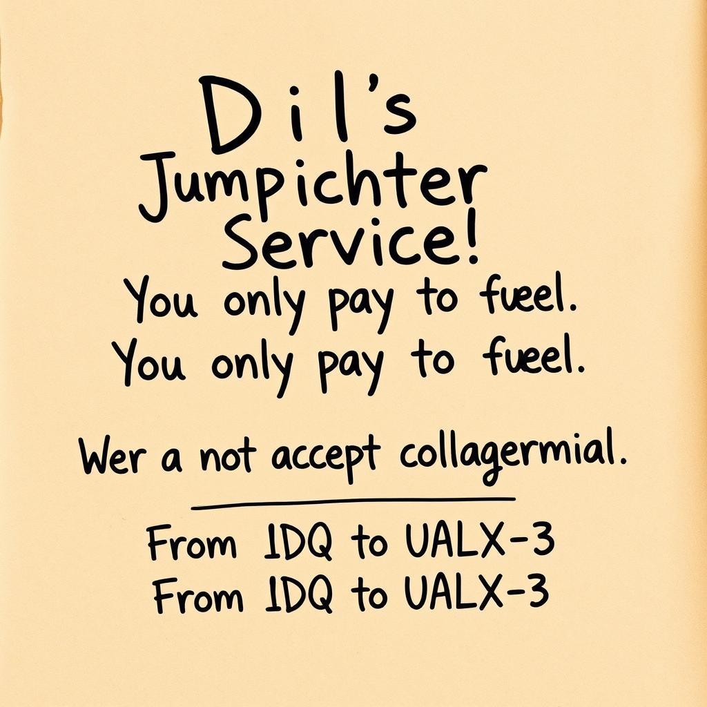 A poster designed to look handwritten with a charming, rustic style, featuring the following text in a playful, artistic font: "Dil's Jump Freighter Service! You only pay for fuel