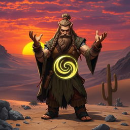 A female mountain dwarf with muscular build and braided beard, dressed in rugged, earth-toned robes adorned with runes