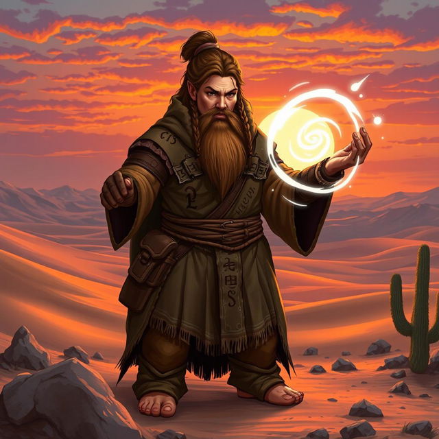 A female mountain dwarf with muscular build and braided beard, dressed in rugged, earth-toned robes adorned with runes