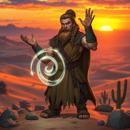A female mountain dwarf with muscular build and braided beard, dressed in rugged, earth-toned robes adorned with runes