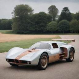 An Airpunk Le Mans car, infused with the charm of early aviation. The car displays a light, airy aesthetic with parts resembling biplane wings and propellers, soft leather and wood finishes, and an emphasis on aerodynamics