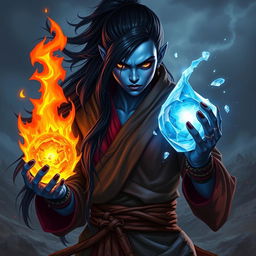 A fantasy style portrait of a tall female monk warrior, featuring striking blue skin, long flowing black hair, and a sharp, edgy face that conveys a sense of fierceness and strength
