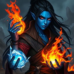 A fantasy style portrait of a tall female monk warrior, featuring striking blue skin, long flowing black hair, and a sharp, edgy face that conveys a sense of fierceness and strength