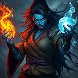 A fantasy style portrait of a tall female monk warrior, featuring striking blue skin, long flowing black hair, and a sharp, edgy face that conveys a sense of fierceness and strength