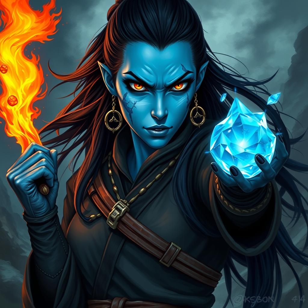 A fantasy style portrait of a tall female monk warrior, featuring striking blue skin, long flowing black hair, and a sharp, edgy face that conveys a sense of fierceness and strength