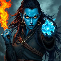 A fantasy style portrait of a tall female monk warrior, featuring striking blue skin, long flowing black hair, and a sharp, edgy face that conveys a sense of fierceness and strength