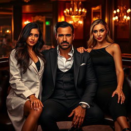 A handsome mafia man with a charming demeanor, sitting in an upscale lounge, surrounded by two beautiful women