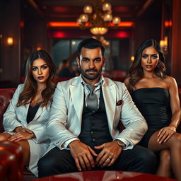 A handsome mafia man with a charming demeanor, sitting in an upscale lounge, surrounded by two beautiful women