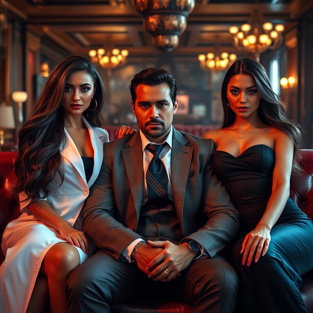 A handsome mafia man with a charming demeanor, sitting in an upscale lounge, surrounded by two beautiful women