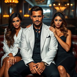 A handsome mafia man with a charming demeanor, sitting in an upscale lounge, surrounded by two beautiful women