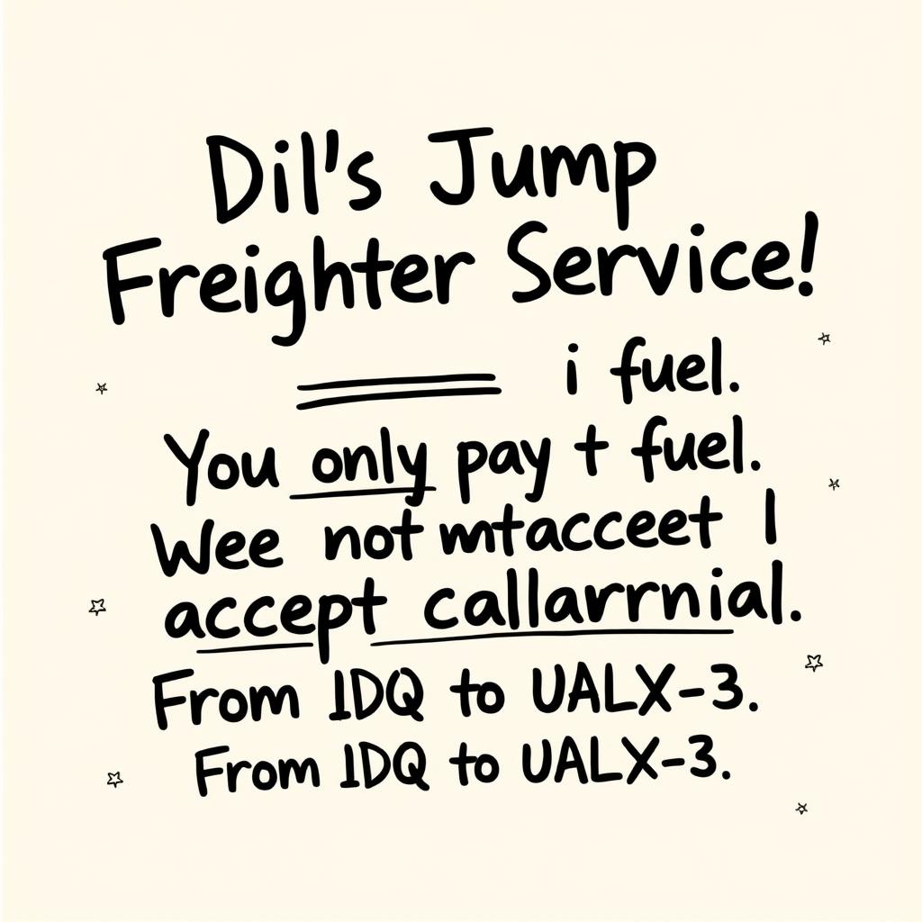 A poster design that looks handwritten, featuring the following text in a charming, yet slightly messy style: 'Dil's Jump Freighter Service! You only pay for fuel