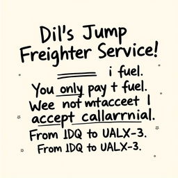 A poster design that looks handwritten, featuring the following text in a charming, yet slightly messy style: 'Dil's Jump Freighter Service! You only pay for fuel