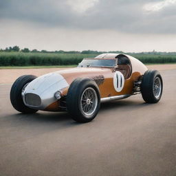 An Airpunk Le Mans car, infused with the charm of early aviation. The car displays a light, airy aesthetic with parts resembling biplane wings and propellers, soft leather and wood finishes, and an emphasis on aerodynamics