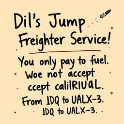 A poster design that looks handwritten, featuring the following text in a charming, yet slightly messy style: 'Dil's Jump Freighter Service! You only pay for fuel