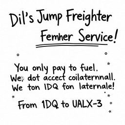 A poster design that looks handwritten, featuring the following text in a charming, yet slightly messy style: 'Dil's Jump Freighter Service! You only pay for fuel