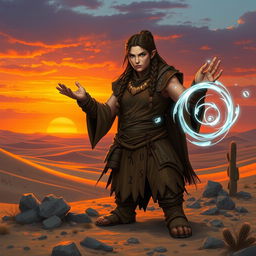 A female mountain dwarf with a muscular build, dressed in rugged, earth-toned robes adorned with runes